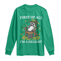 Funny St Patricks Day Raccoon Drinking Beer Long Sleeve Shirt First Of All I Am Delight