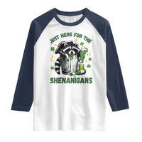 Funny Raccoon St Patricks Day Meme Raglan Shirt Trash Panda Just Here For The Shenanigans