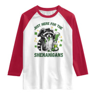 Funny Raccoon St Patricks Day Meme Raglan Shirt Trash Panda Just Here For The Shenanigans