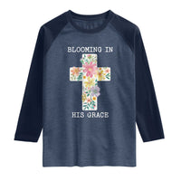 Blooming in His Grace Boho Christian Wildflower Raglan Shirt Floral Cross Religious
