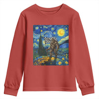 Bigfoot Racing Youth Sweatshirt Sasquatch Checkered Flag Starry Night Van Gogh - Wonder Print Shop