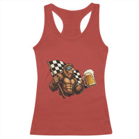 Funny Bigfoot Racerback Tank Top Sasquatch Drinking Beer Racing Car - Wonder Print Shop