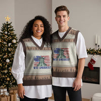 Funny American V-Neck Knit Sweater Vest Statue of Liberty WTF USA Freedom Satire - Wonder Print Shop
