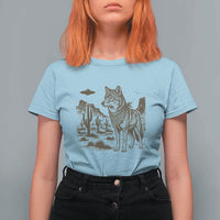 Vintage Coyote Cowboy UFO T Shirt For Women Western Desert Southwest Coyote Alien