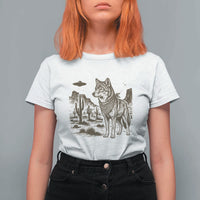 Vintage Coyote Cowboy UFO T Shirt For Women Western Desert Southwest Coyote Alien