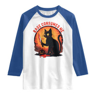 Funny Black Cat Halloween Funny Black Cat Murderous Cat With Knife Raglan Shirt Rage Is Consuming Me - Wonder Print Shop