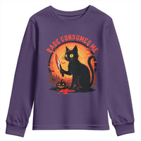 Funny Black Cat Halloween Funny Black Cat Murderous Cat With Knife Youth Sweatshirt Rage Is Consuming Me - Wonder Print Shop