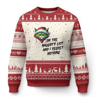Funny Cat Green Xmas Ugly Christmas Sweater On The Naughty List And I Regret Nothing - Wonder Print Shop