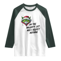 Funny Cat Green Christmas Raglan Shirt On The Naughty List And I Regret Nothing - Wonder Print Shop