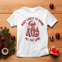 Funny Skeleton Christmas T Shirt Most Likely To Drink All The Wine - Wonder Print Shop