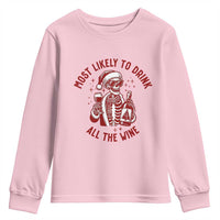 Funny Skeleton Christmas Youth Sweatshirt Most Likely To Drink All The Wine - Wonder Print Shop