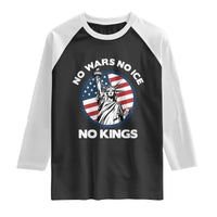 No Kings No ICE No Wars Raglan Shirt Statue of Liberty US Flag Anti War Freedom Activist