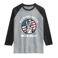 No Kings No ICE No Wars Raglan Shirt Statue of Liberty US Flag Anti War Freedom Activist