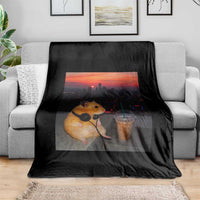 Hamster Drinking Iced Coffee Throw Blanket Funny Animal Chill City Sunset Headphones