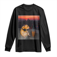 Hamster Drinking Iced Coffee Long Sleeve Shirt Funny Animal Chill City Sunset Headphones