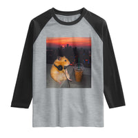 Hamster Drinking Iced Coffee Raglan Shirt Funny Animal Chill City Sunset Headphones