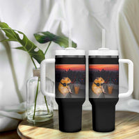 Hamster Drinking Iced Coffee Tumbler With Handle Funny Animal Chill City Sunset Headphones
