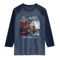 Hockey Mom Raccoon Iced Coffee Raglan Shirt I Live Here Now