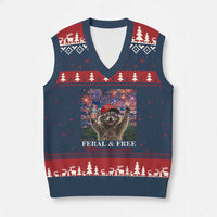 USA 250 Years Freedom V-Neck Knit Sweater Vest Feral and Free Funny Raccoon Driking Beer 4th of July