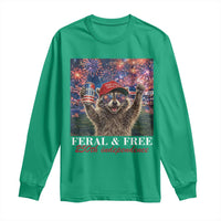 USA 250 Years Freedom Long Sleeve Shirt Feral and Free Funny Raccoon Driking Beer 4th of July