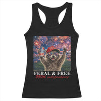USA 250 Years Freedom Racerback Tank Top Feral and Free Funny Raccoon Driking Beer 4th of July