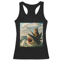 Funny Cat Riding Shark Racerback Tank Top Fishing Fisherman Ocean Lover Humor - Wonder Print Shop