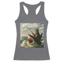 Funny Cat Riding Shark Racerback Tank Top Fishing Fisherman Ocean Lover Humor - Wonder Print Shop