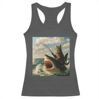 Funny Cat Riding Shark Racerback Tank Top Fishing Fisherman Ocean Lover Humor - Wonder Print Shop