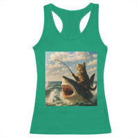 Funny Cat Riding Shark Racerback Tank Top Fishing Fisherman Ocean Lover Humor - Wonder Print Shop
