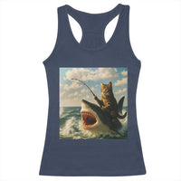 Funny Cat Riding Shark Racerback Tank Top Fishing Fisherman Ocean Lover Humor - Wonder Print Shop