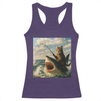 Funny Cat Riding Shark Racerback Tank Top Fishing Fisherman Ocean Lover Humor - Wonder Print Shop