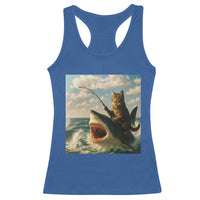 Funny Cat Riding Shark Racerback Tank Top Fishing Fisherman Ocean Lover Humor - Wonder Print Shop