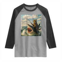 Funny Cat Riding Shark Raglan Shirt Fishing Fisherman Ocean Lover Humor - Wonder Print Shop