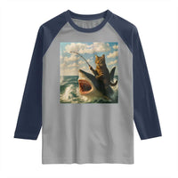 Funny Cat Riding Shark Raglan Shirt Fishing Fisherman Ocean Lover Humor - Wonder Print Shop