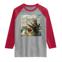 Funny Cat Riding Shark Raglan Shirt Fishing Fisherman Ocean Lover Humor - Wonder Print Shop