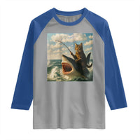 Funny Cat Riding Shark Raglan Shirt Fishing Fisherman Ocean Lover Humor - Wonder Print Shop