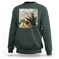 Funny Cat Riding Shark Sweatshirt Fishing Fisherman Ocean Lover Humor - Wonder Print Shop