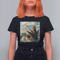 Funny Cat Riding Shark T Shirt For Women Fishing Fisherman Ocean Lover Humor - Wonder Print Shop