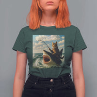 Funny Cat Riding Shark T Shirt For Women Fishing Fisherman Ocean Lover Humor - Wonder Print Shop