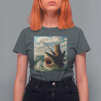 Funny Cat Riding Shark T Shirt For Women Fishing Fisherman Ocean Lover Humor - Wonder Print Shop