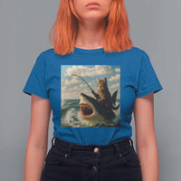 Funny Cat Riding Shark T Shirt For Women Fishing Fisherman Ocean Lover Humor - Wonder Print Shop