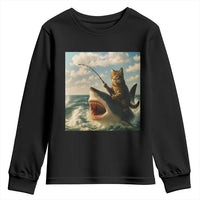 Funny Cat Riding Shark Youth Sweatshirt Fishing Fisherman Ocean Lover Humor - Wonder Print Shop