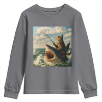 Funny Cat Riding Shark Youth Sweatshirt Fishing Fisherman Ocean Lover Humor - Wonder Print Shop