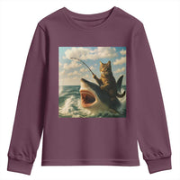 Funny Cat Riding Shark Youth Sweatshirt Fishing Fisherman Ocean Lover Humor - Wonder Print Shop