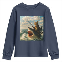 Funny Cat Riding Shark Youth Sweatshirt Fishing Fisherman Ocean Lover Humor - Wonder Print Shop
