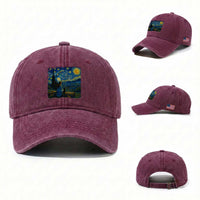Cute Cat Starry Night Washed Cotton Baseball Cap Kitty Lovers