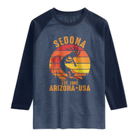 Retro Sedona Arizona Dancing Kokopelli Raglan Shirt Southwest Native Symbol Desert Heritage Established 1902