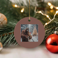 Funny Bigfoot With Cat Selfie Xmas Ceramic Ornament - Wonder Print Shop