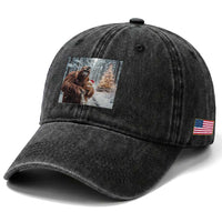 Funny Bigfoot With Cat Selfie Christmas Washed Cotton Baseball Cap