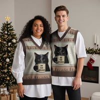 No Ice Please V-Neck Knit Sweater Vest Funny Black Cat Anti ICE Meme